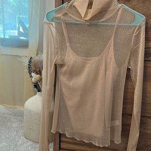 Sheer, long sleeve tan blouse with build in tank top! Worn once for new years 🎉